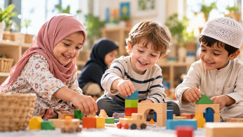 Three smiling young children playing together with wooden building blocks on the floor of a bright, plant-filled nursery room.